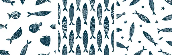 Temiz ve İskandinav esinlenilmiş kusursuz desenli beyaz üzerine lacivert tonlarda sardalyalar. Paket kağıdı, tekstil, mutfak gereçleri ve yaz markaları için ideal..