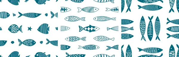 Temiz ve İskandinav esinlenilmiş kusursuz desenli beyaz üzerine lacivert tonlarda sardalyalar. Paket kağıdı, tekstil, mutfak gereçleri ve yaz markaları için ideal..