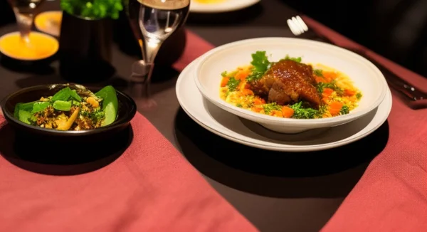 Çorba ve et yemeğinin detaylı fotoğrafı..