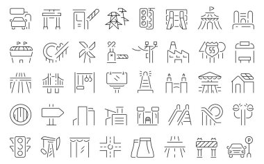 Altyapı ince çizgi simgeleri ayarlandı. Altyapı vektör simgesi ve simgeleri.