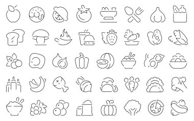 Yiyecek ince çizgi simgeleri ayarlandı. Gıda vektörü sembolleri ve simgeler.