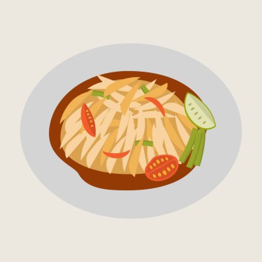 Kahverengi tabakta bir papaya salatası, yeşil papaya, biber, domates, limon ve uzun fasulye, canlı ve keskin baharatlı Tayland mutfağı sergilenmektedir.