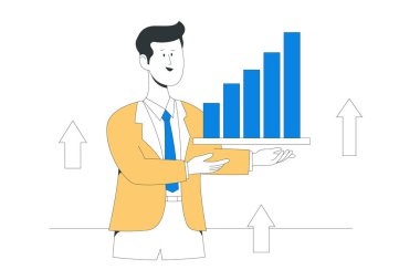 İş dünyasından bir profesyonel artan mavi çubuk grafikleriyle kurumsal büyümeyi sunarken, arka planda yükselen oklar ilerlemeyi ve başarıyı vurguluyor