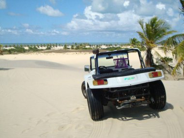 Kum tepelerindeki beyaz bulutlu mavi gökyüzünün altındaki bir at arabasının görüntüsü. Beyaz araba, arka planda palmiye ağaçlarına ve denize bakıyor. Tropikal bir ortamda macera ve özgürlük hissi veriyor..