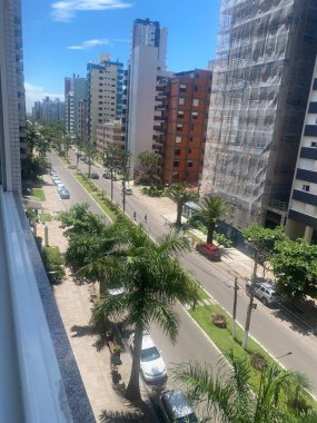 Güneşli bir günde canlı bir şehir manzarası yakalayan bir görüntü, yüksek binalar, ağaçlarla kaplı caddeler ve park edilmiş araçlar. Berrak mavi gökyüzü ve palmiye ağaçları tropikal bir dokunuş ekler, dinginlik ve huzur verir..