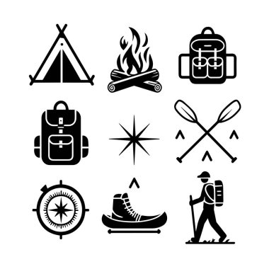 Camping and hiking icon set black and white