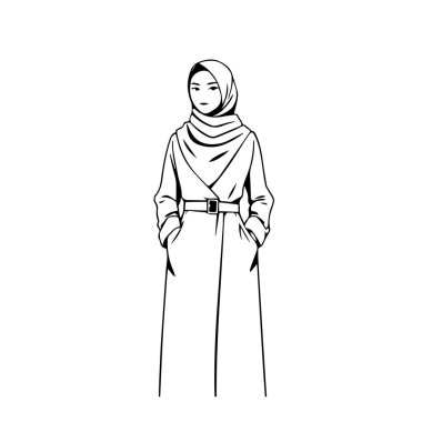 Çizgi, uzun kemerli bir ceket ve tesettürlü bir Müslüman kadını tasvir ediyor. Elleri ceplerinde duruyor, özgüven ve zarafet saçıyor..