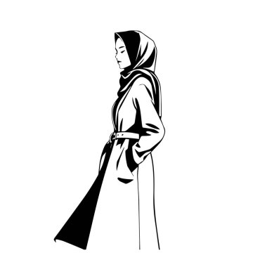 Başörtüsü takan ve uzun kemerli bir palto giymiş, profil görünümünde duran bir kadının siyah beyaz çizimi. Tarzı minimalist ve zarif..