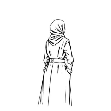 A line drawing showcases a woman from behind, wearing a hijab and a belted long coat with pockets.  The style is minimalist and elegant.