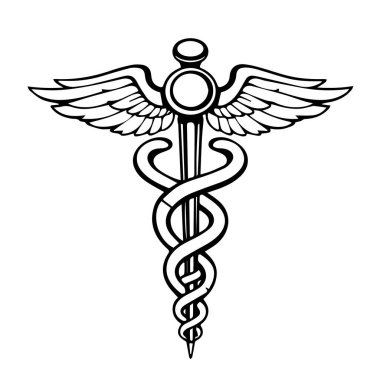 Kanatlı bir asanın ve etrafını saran bir yılanın yer aldığı Caduceus tıbbi sembolünün ayrıntılı bir çizimi. Görüntü siyah beyaz..