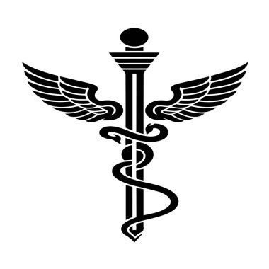 Kanatlı bir asanın merkezi bir sütuna dolanmış bir yılanla birlikte yer aldığı bir caduceus 'un siyah ve beyaz çizimi. Tasarım cesur ve sembolik..