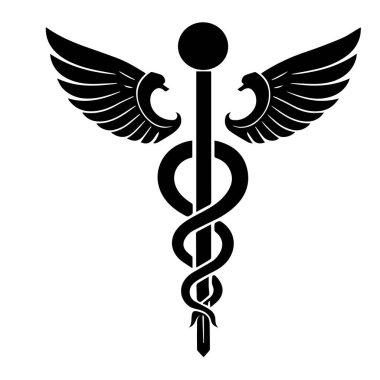 Caduceus 'un siyah-beyaz bir çizimi, tıp ve iyileştirme ile ilişkili bir sembol, merkez personelin her iki tarafında da kanatlar var..