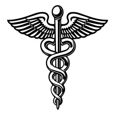 Kanatlı bir değnek ve iç içe geçmiş yılanların yer aldığı, tıp ve iyileştirme ile ilgili bir sembol olan caduceus 'un ayrıntılı bir çizimi..