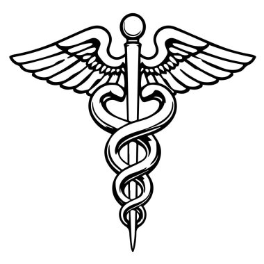 Caduceus 'un siyah-beyaz bir çizimi, etrafında iki yılanın sarılı olduğu kanatlı bir asanın yer aldığı bir tıp sembolü..
