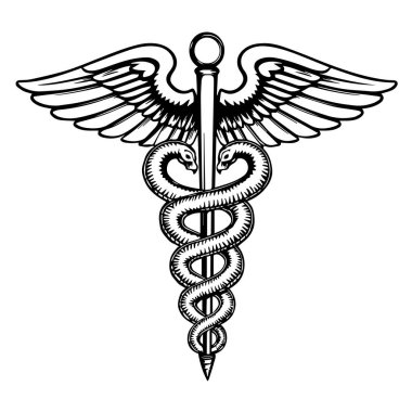 Merkez personelin etrafında kanatlı yılanların dolaştığı, caduceus 'un detaylı bir siyah beyaz çizimi. Tıbbın klasik bir temsilidir..