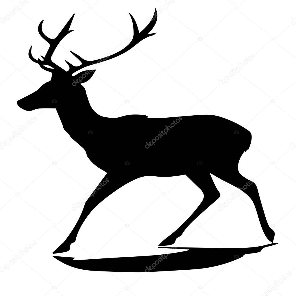 A striking black silhouette of a deer gracefully leaping, showcasing its antlers and elegant form against a stark white background.