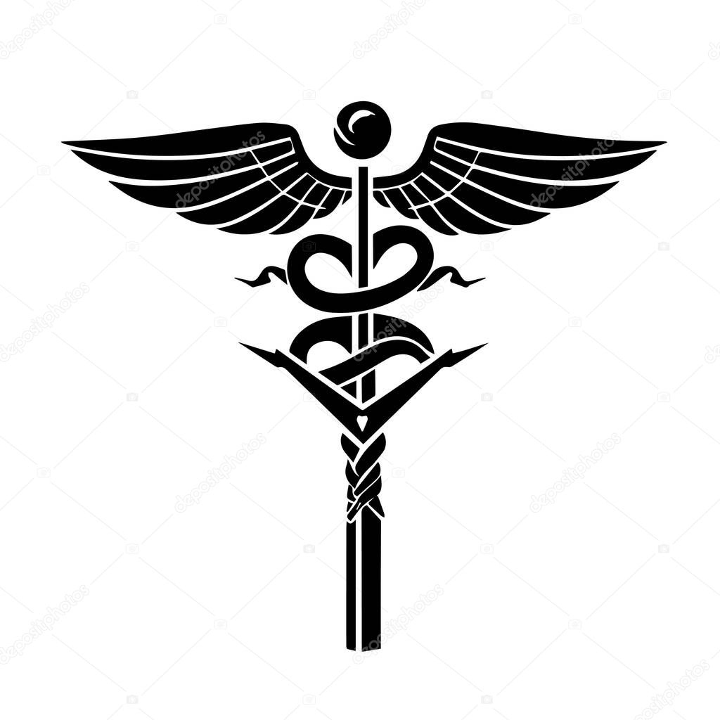 A stylized black and white vector graphic depicting the caduceus, a symbol associated with medicine and healing. It features wings, a rod, and two snakes intertwined.