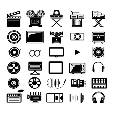 Klasik film projektörlerinden modern kulaklıklara kadar çeşitli ses ve görüntü ekipmanlarını gösteren siyah ve beyaz simgeler..