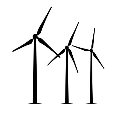 Three Wind Turbines Silhouetted Against a White Background Generating Renewable Energy