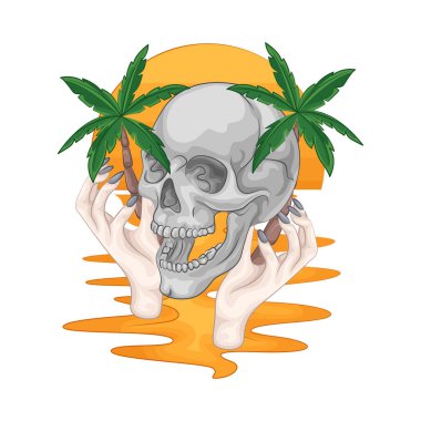 Çarpıcı ve keskin çeneli bir insan kafatasında palmiye ağacı. Çene kemiği ya da çene kemiği, belirgin ve sıkıdır, çene kenarı boyunca açıkça görünen dişler ile kafatasına şiddetli bir görünüm verir.