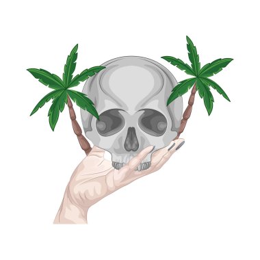 Çarpıcı ve keskin çeneli bir insan kafatasında palmiye ağacı. Çene kemiği ya da çene kemiği, belirgin ve sıkıdır, çene kenarı boyunca açıkça görünen dişler ile kafatasına şiddetli bir görünüm verir.