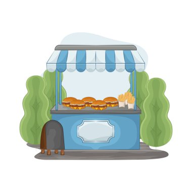 Bu hamburger tezgahı temiz ve düzenli görünüyor. Yemekler düzenli ve yüzeyler temiz. Müşterileri davet edebilen bir atmosfer yaratıyor..