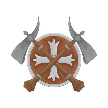 İki çapraz keskin balta gücü, birliği ve yeteneği simgeler. Her baltanın yüksek kalite çelikten dövülmüş ve ışıldayan ince bilenmiş bir bıçağı var. Ahşap saplar zarif bir şekilde kesilmiş, dayanıklı fonksiyonlarını sergiliyorlar..