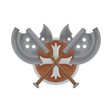 İki çapraz keskin balta gücü, birliği ve yeteneği simgeler. Her baltanın yüksek kalite çelikten dövülmüş ve ışıldayan ince bilenmiş bir bıçağı var. Ahşap saplar zarif bir şekilde kesilmiş, dayanıklı fonksiyonlarını sergiliyorlar..