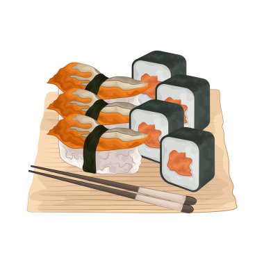 Güzelce düzenlenmiş suşi tabakları renk ve tazelik yayar, çeşitli özel hazırlanmış suşi çeşitlerini sergiler, taze malzemelerle yapılır, mükemmel baharatlı suşi pilavıyla eşleştirilir..