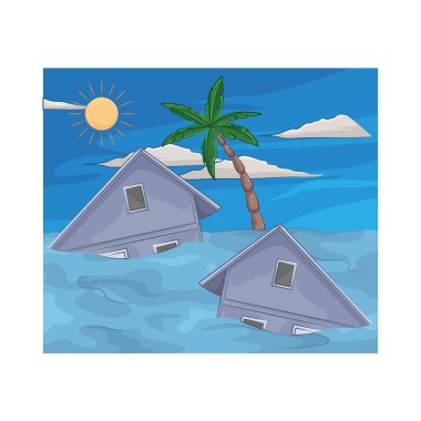 Sel suları taşmış şehir sokaklarını nehirlere ve su altındaki binalara dönüştürüyor. Şehir manzarası tanınmaz hale geldi, suyla kaplandı..