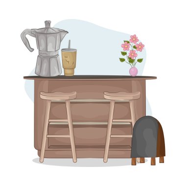 Bar tabureleriyle birleştirilmiş minimalist bir bar masası. Tablo pürüzsüz ve dayanıklı bir yüzey sunarken, uyumlu tabureler ergonomik bir tasarım ile rahatlık sağlar..