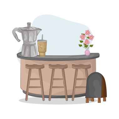 Bar tabureleriyle birleştirilmiş minimalist bir bar masası. Tablo pürüzsüz ve dayanıklı bir yüzey sunarken, uyumlu tabureler ergonomik bir tasarım ile rahatlık sağlar..