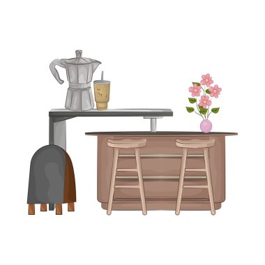 Bar tabureleriyle birleştirilmiş minimalist bir bar masası. Tablo pürüzsüz ve dayanıklı bir yüzey sunarken, uyumlu tabureler ergonomik bir tasarım ile rahatlık sağlar..