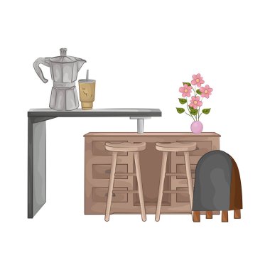 Bar tabureleriyle birleştirilmiş minimalist bir bar masası. Tablo pürüzsüz ve dayanıklı bir yüzey sunarken, uyumlu tabureler ergonomik bir tasarım ile rahatlık sağlar..