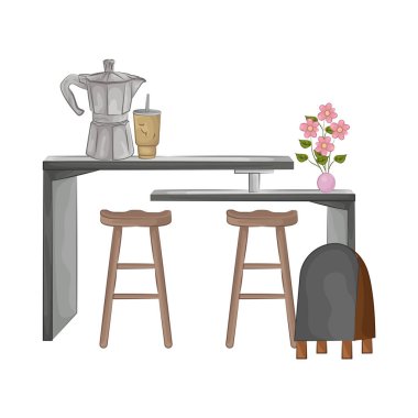 Bar tabureleriyle birleştirilmiş minimalist bir bar masası. Tablo pürüzsüz ve dayanıklı bir yüzey sunarken, uyumlu tabureler ergonomik bir tasarım ile rahatlık sağlar..