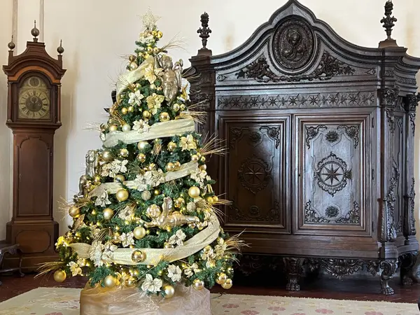 Klasik iç dekorasyonlu altın madalyalı Noel ağacı, bayram dekoru. 