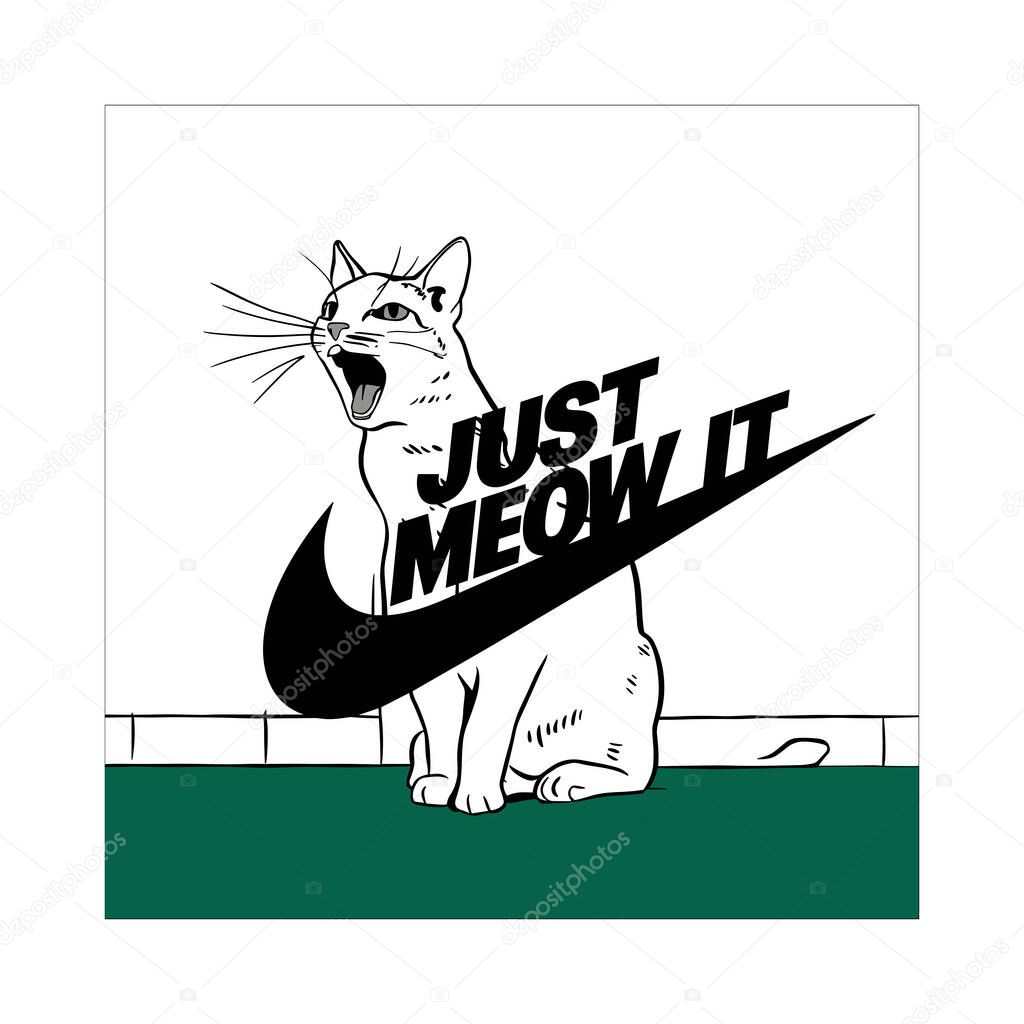 Just Meow It Cat Nike Swoosh Parody Illustration Funny Feline Sports Logo Graphic Tee
