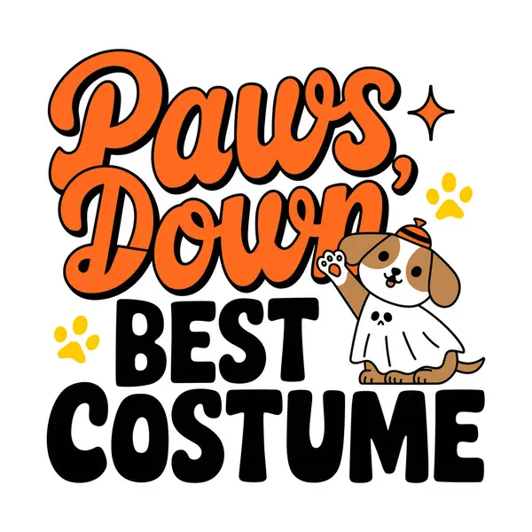 Küçük şapkalı hayalet kostümü giyen sevimli bir çizgi film köpeği resmedildi. Köpek kahverengi ve beyaz, siyah gözleri ve küçük bir ağzı var. Pençesini sallıyor. 