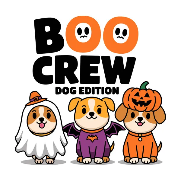 Cadılar Bayramı hayalet kostümlü üç sevimli köpek çizgi film vektör çizimi