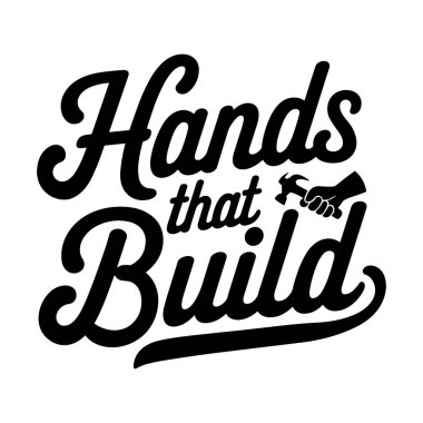 Çekiç simgesi tasarımı ile siyah harfler oluşturan eller