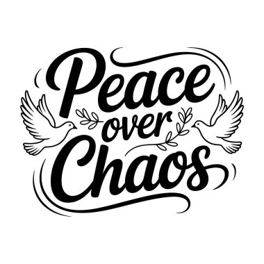 Kaos üzerine barış, beyaz arka planda güvercinler ve dallarla siyah hat.