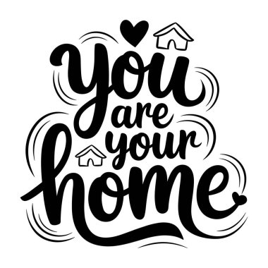 beyaz arkaplanda kalp ve ev simgeleri olan ev siyah metinlerinizsiniz