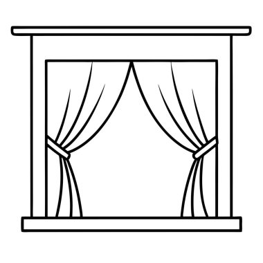 Pencere çerçevesinde bağlı arka perdelerin vektör çizgisi çizimi