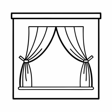 Pencere çerçevesinde bağlı arka perdelerin vektör çizgisi çizimi