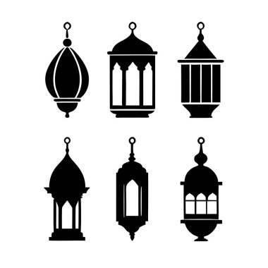Siyah-beyaz şeklinde altı geleneksel fenerin vektör silueti çizimi