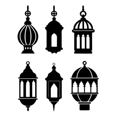 Siyah-beyaz şeklinde altı geleneksel fenerin vektör silueti çizimi
