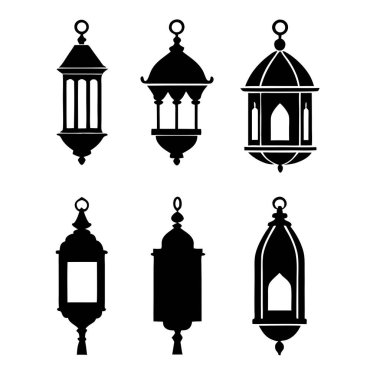 Siyah-beyaz şeklinde altı geleneksel fenerin vektör silueti çizimi