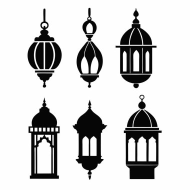 Siyah-beyaz şeklinde altı geleneksel fenerin vektör silueti çizimi