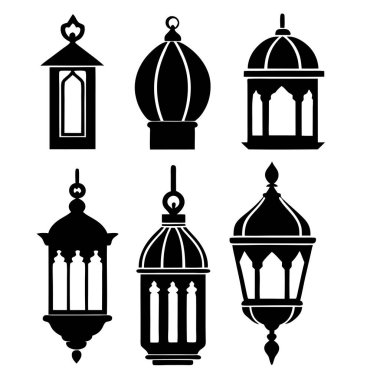 Siyah-beyaz şeklinde altı geleneksel fenerin vektör silueti çizimi