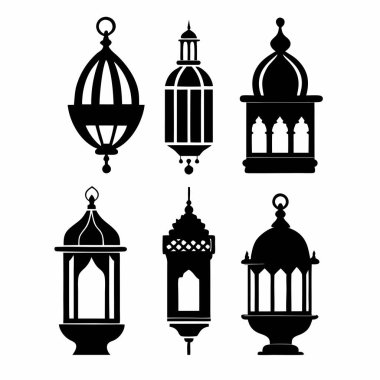 Siyah-beyaz şeklinde altı geleneksel fenerin vektör silueti çizimi